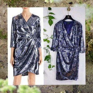 Sequin Wrap Dress Womens 2‎ XS Navy Diamond Sparkle Cocktail Mini LAUNDRY NEW